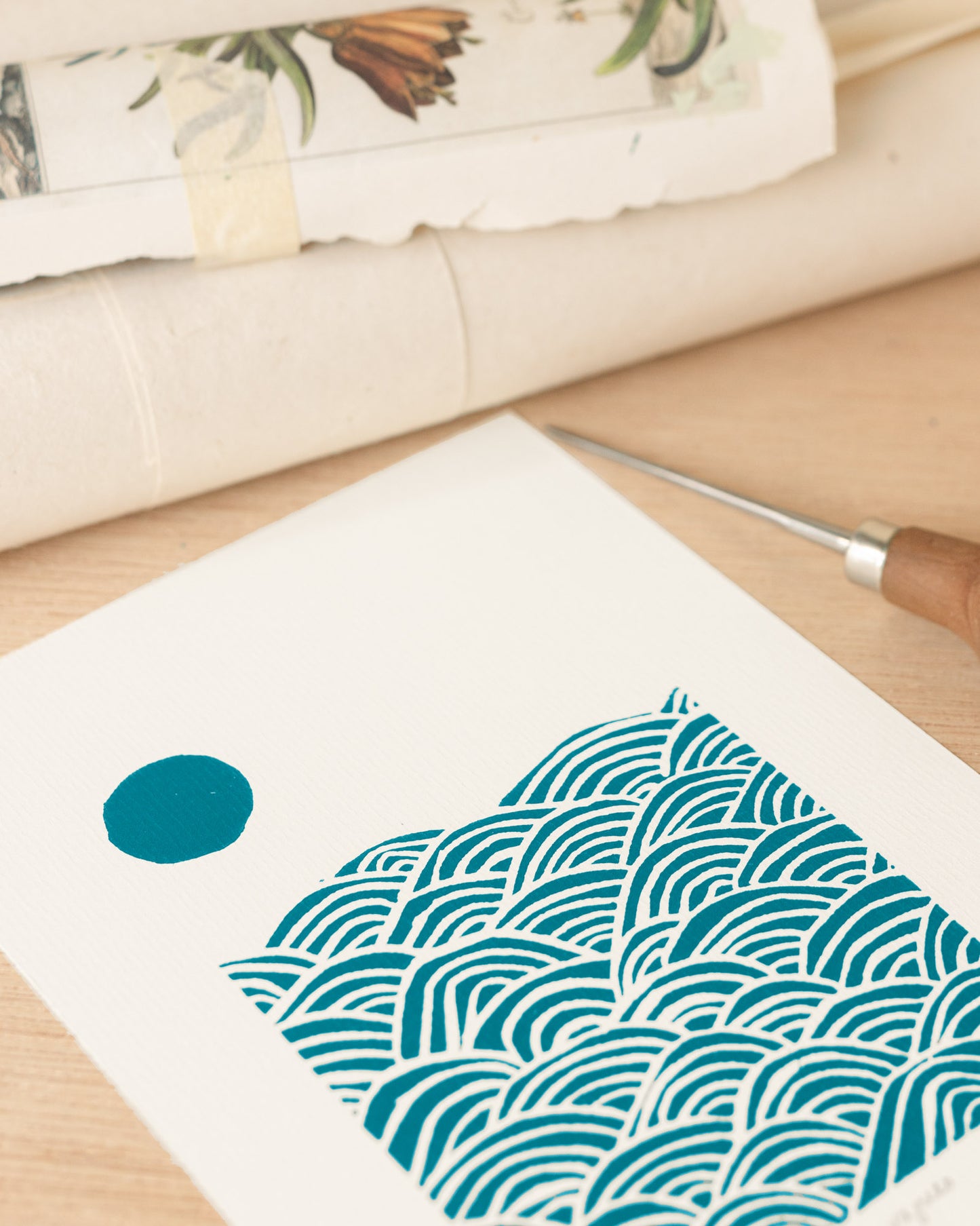 Les vagues - Original Linoprint