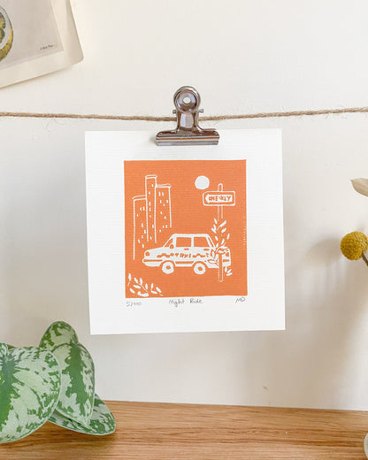 Night Ride - Original Linoprint
